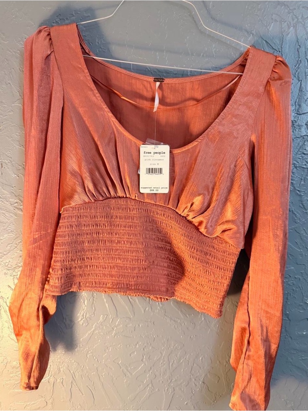 Free People Rust Smocked Waist Long Sleeve Crop Top